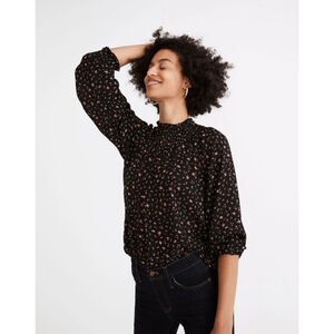 Madewell Smocked-Neck Ruffle Top Blouse Women M Black Floral Cottagecore Prairie